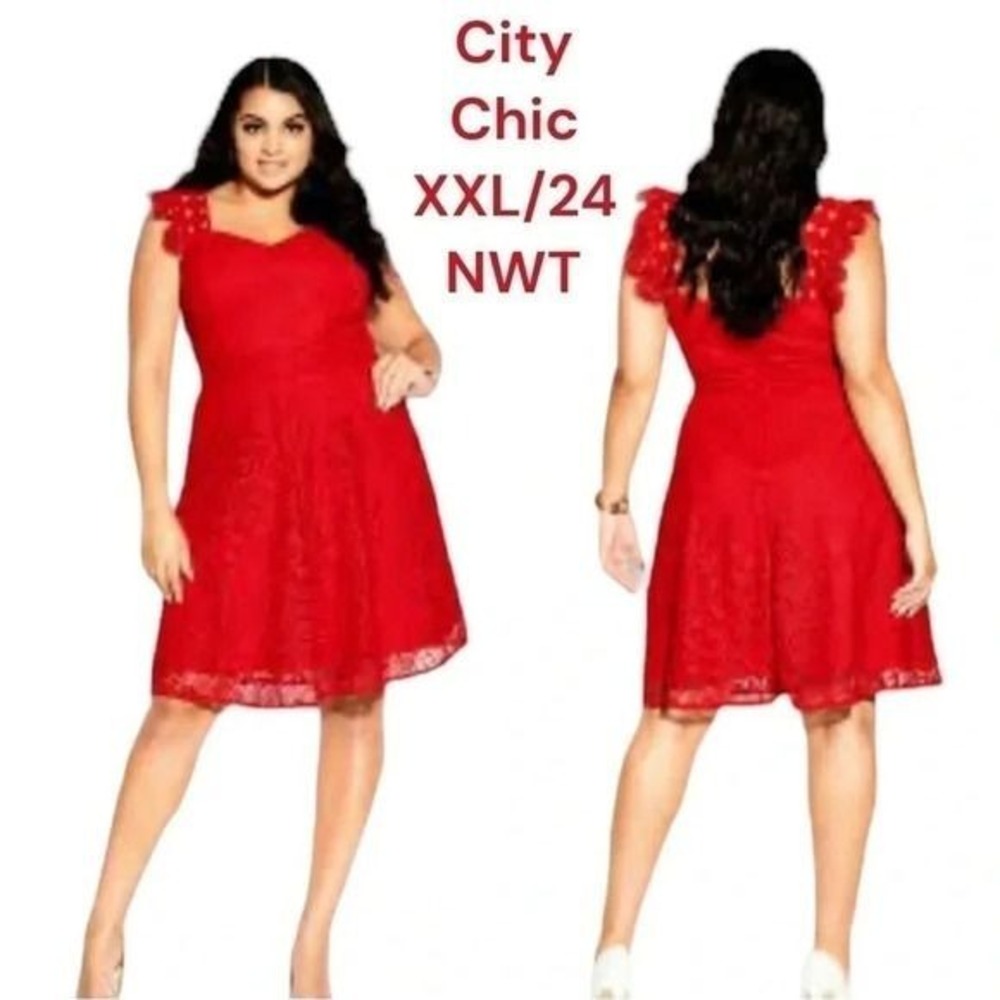 City Chic Dress XXL/24‎ plus-size Dainty Lace Lipstick Red Lace Cottagecore NEW
